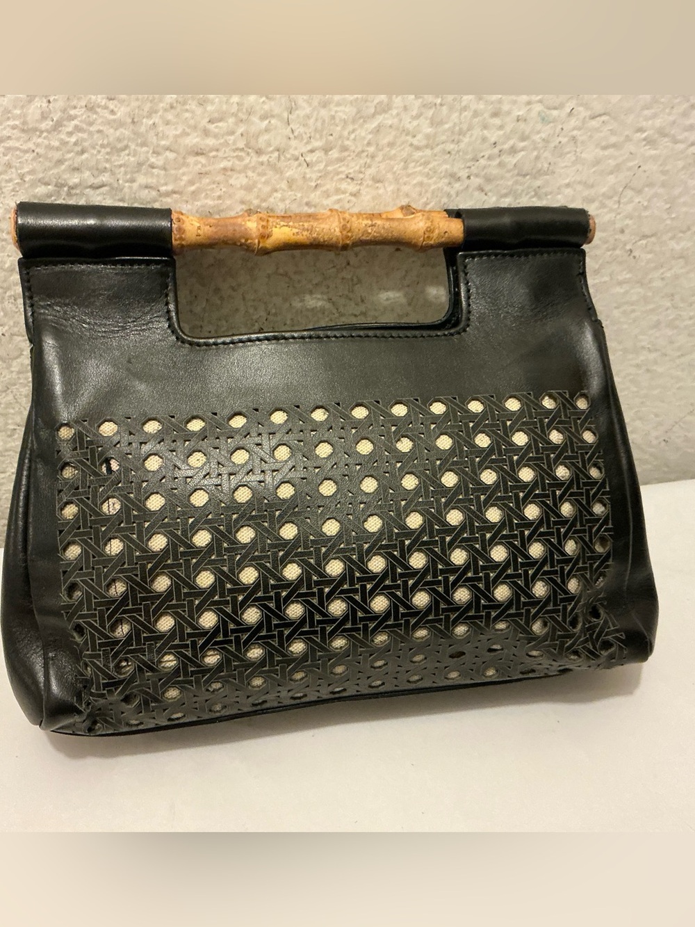 ANN MASHBURN Black perforated Leather Tote with Bamboo Handle